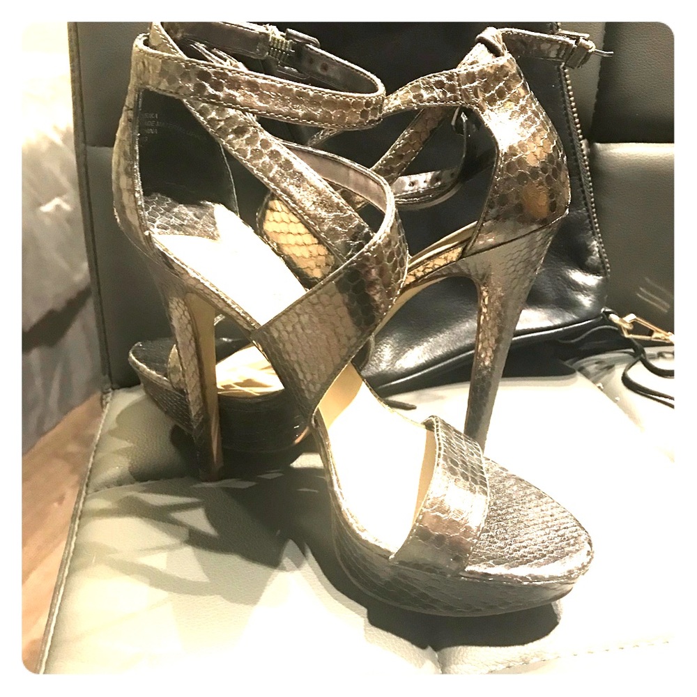Nine West silver snake print strappy heels